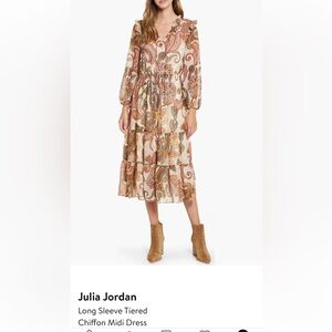 julia jordan Cream Paisley Tiered Midi Dress with Rust and Mustard Accents
